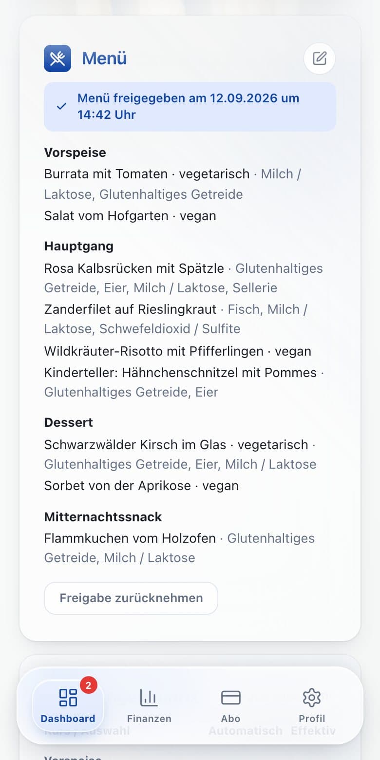 Vorschau der Demo Catering auf dem Smartphone: Hochzeitstermine und Aufgaben