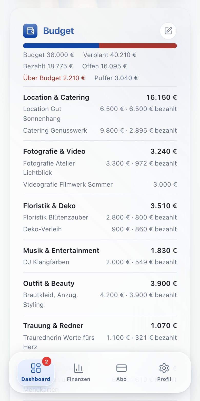 Vorschau der Demo Hochzeitsplanung auf dem Smartphone: Hochzeitstermine und Aufgaben