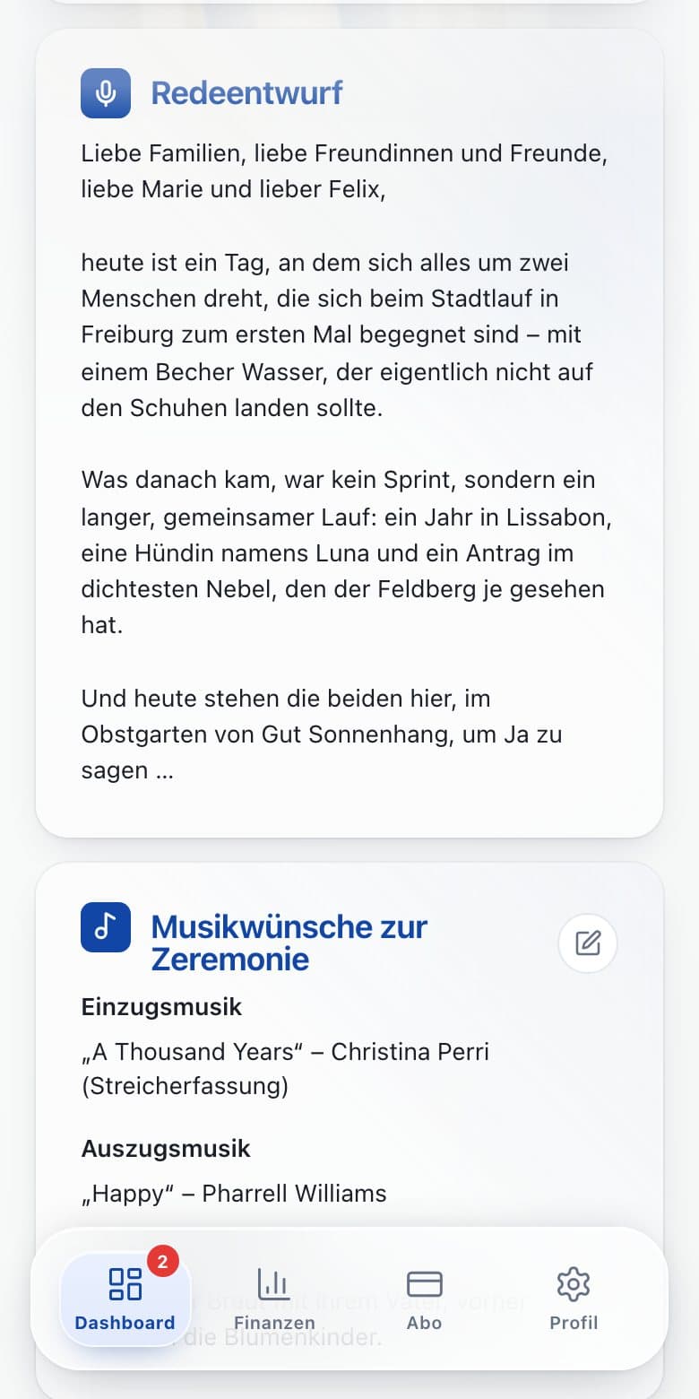 Vorschau der Demo Traurede auf dem Smartphone: Hochzeitstermine und Aufgaben